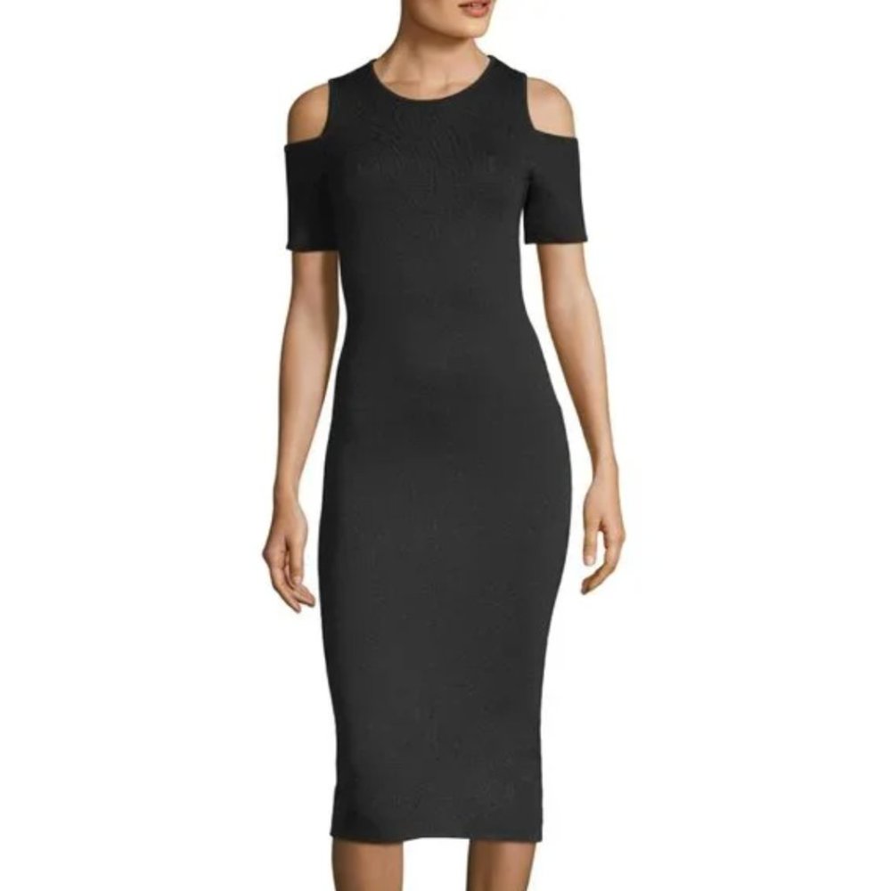 Michael Michael Kors NWOT Black Body Con Knit Cold Shoulder Midi Dress sz M